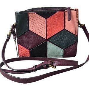 Fossil Campbell Leather Multicolor Patchwork Crossbody Bag Adjustable Strap EUC